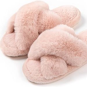 Memory Foam Cross Band Faux Fur Fuzzy Cozy Anti-Skid Slippers